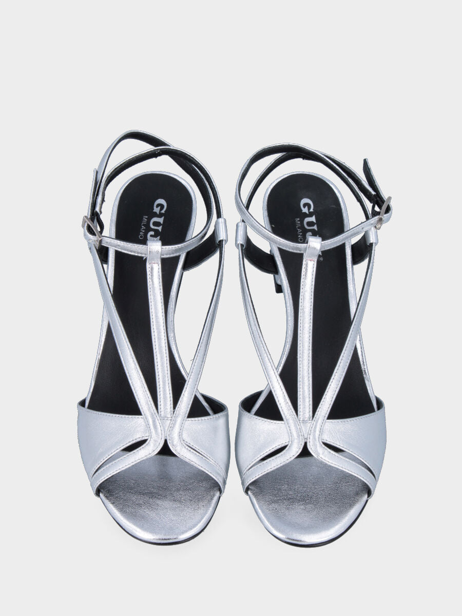 Silver laminated heeled sandal with strappy upper