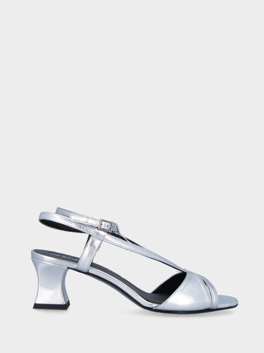 Silver laminated heeled sandal with strappy upper