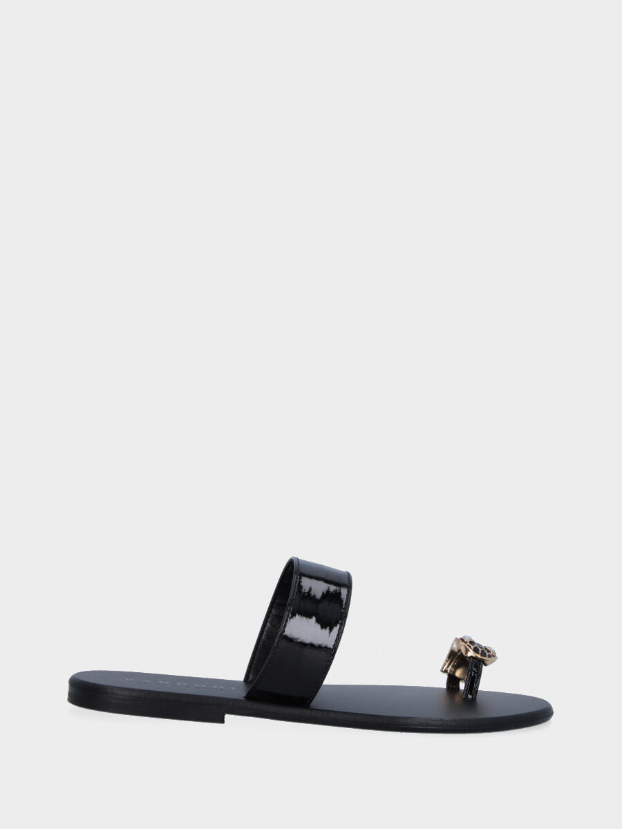 Black patent leather slipper with jewel detail