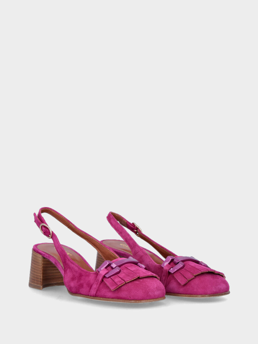 Décolleté fucsia in pelle modello slingback con frangia