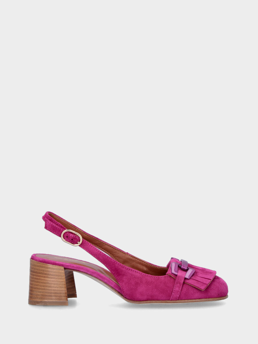 Décolleté fucsia in pelle modello slingback con frangia