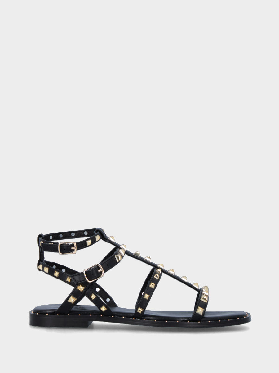 Sandalo nero in pelle con borchie metalliche