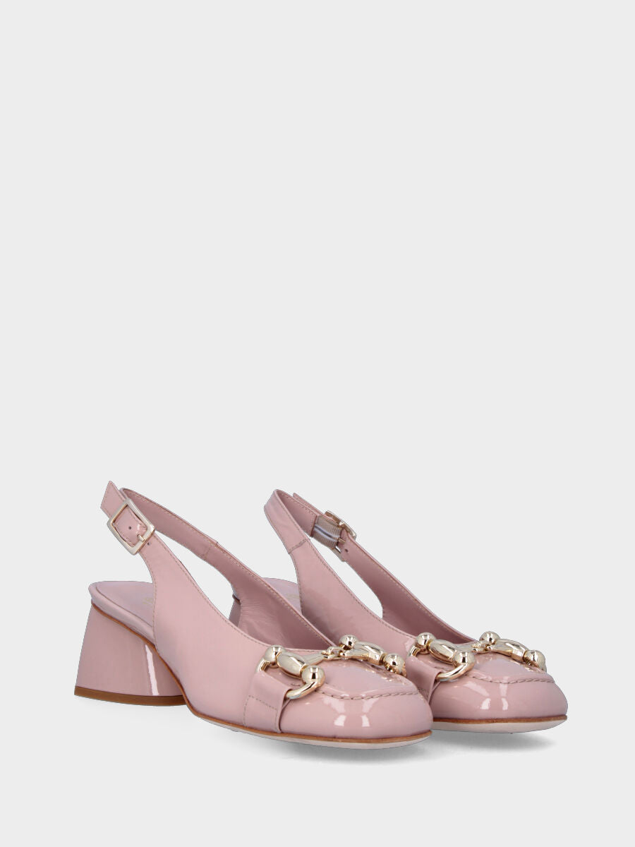 Rosa Pumps aus glänzendem Leder, Modell Slingback mit Metallverschluss