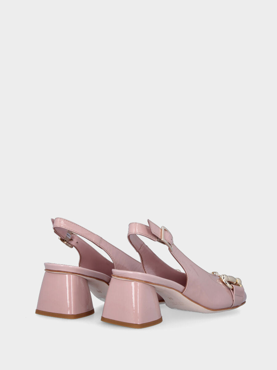 Rosa Pumps aus glänzendem Leder, Modell Slingback mit Metallverschluss
