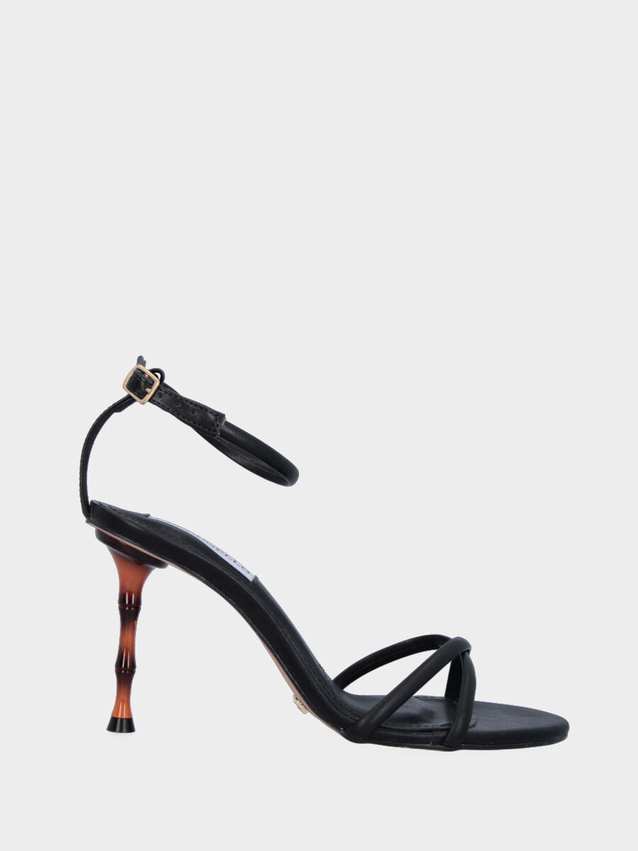 Sandalo nero in pelle con tacco bambù