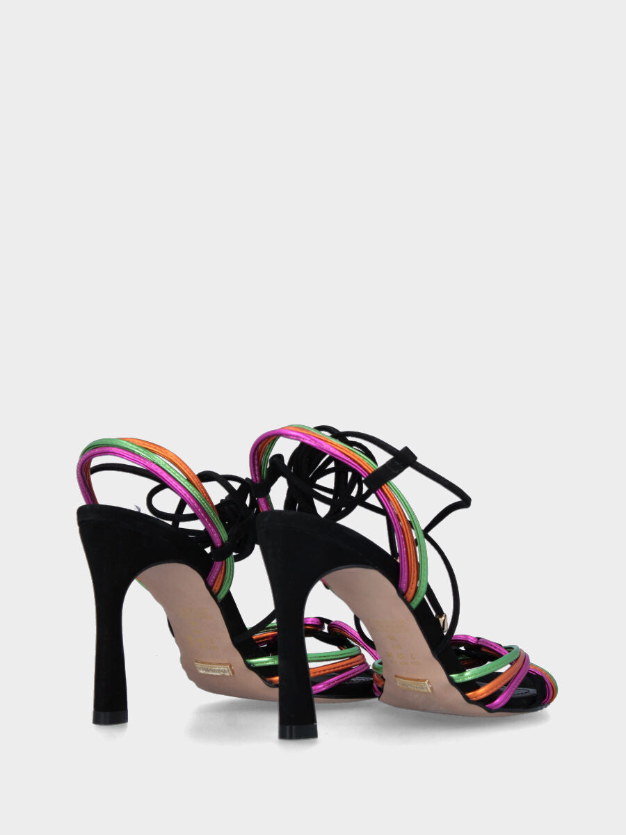 Sandalo con tacco nero in pelle con listini multicolor e lacci alla caviglia
