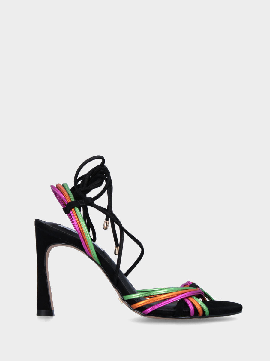 Sandalo con tacco nero in pelle con listini multicolor e lacci alla caviglia