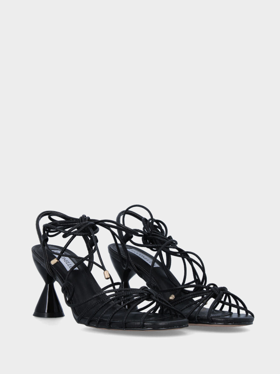 Black leather sandal with hourglass heel