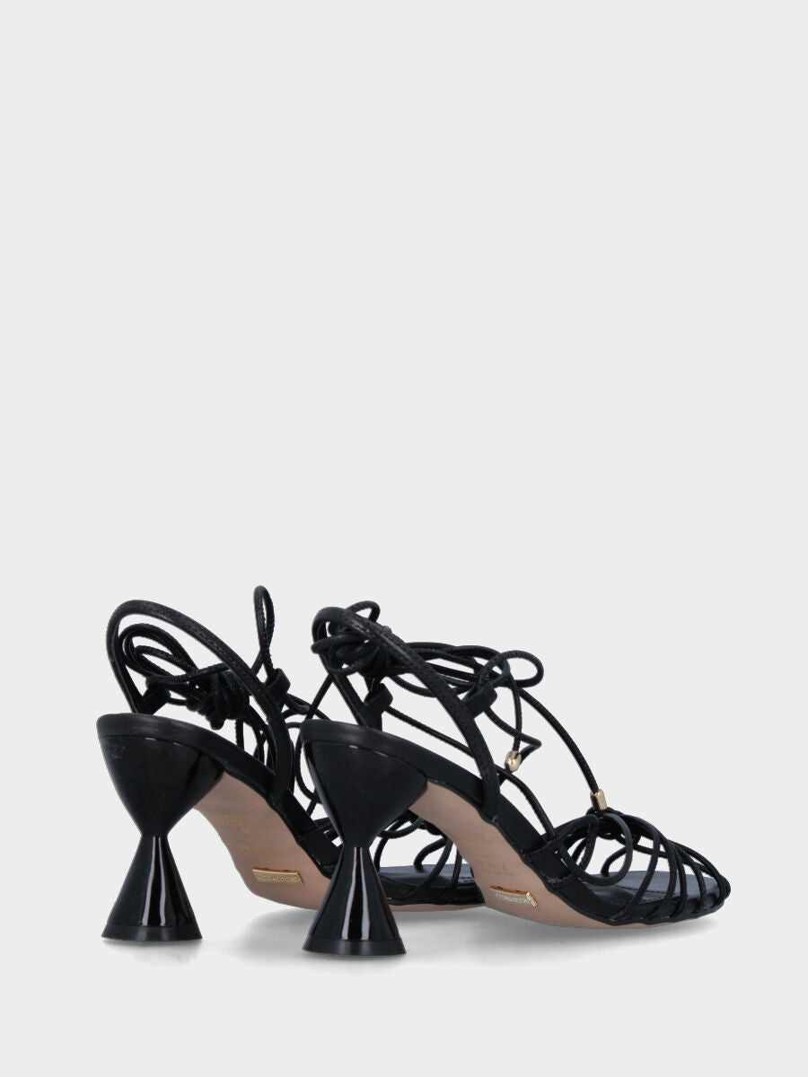 Black leather sandal with hourglass heel