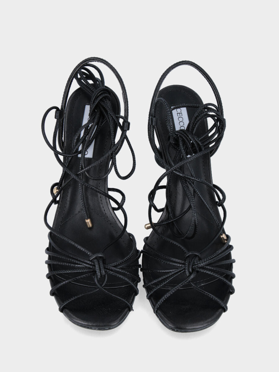 Black leather sandal with hourglass heel