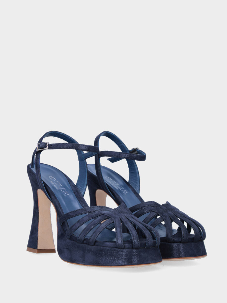 Sandalo blu navy in pelle con listini e plateau