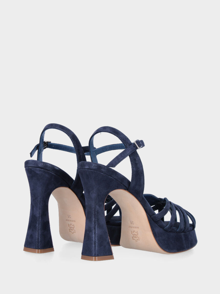 Sandalo blu navy in pelle con listini e plateau