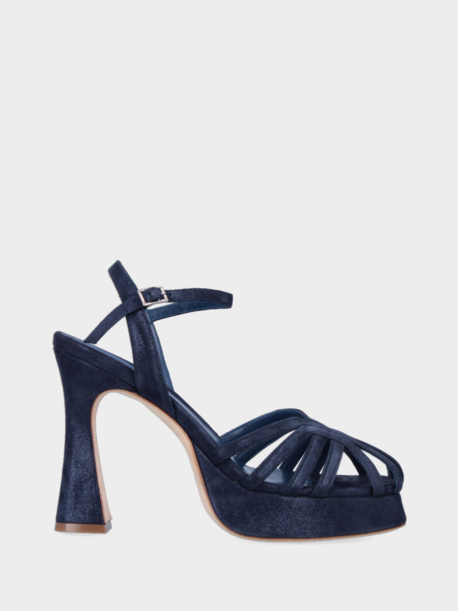 Sandalo blu navy in pelle con listini e plateau