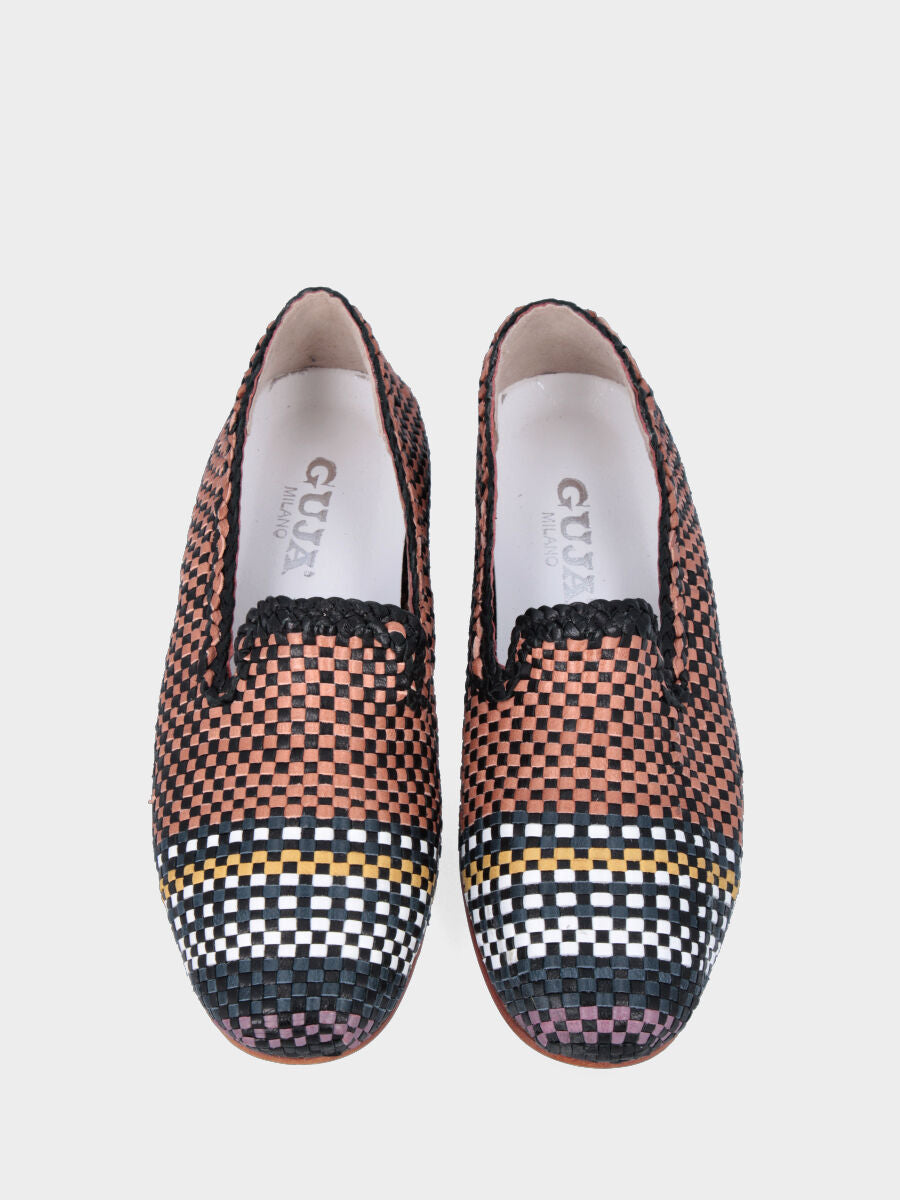 Pantofolina nera e camel in pelle con punta multicolor