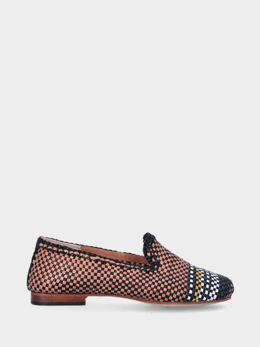 Pantofolina nera e camel in pelle con punta multicolor