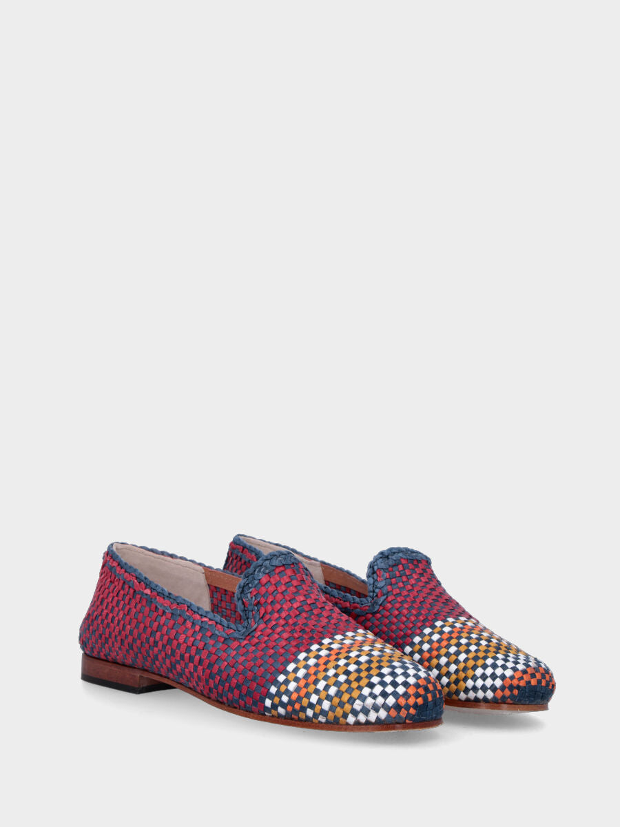 Pantoffel in Fuchsia und Blau aus Leder mit mehrfarbiger Spitze