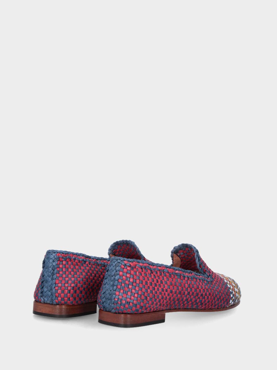 Pantoffel in Fuchsia und Blau aus Leder mit mehrfarbiger Spitze