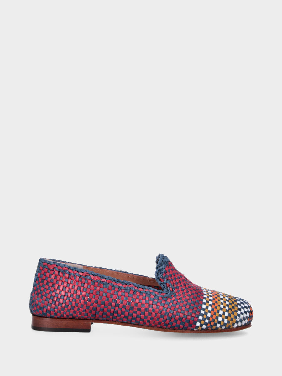 Pantoffel in Fuchsia und Blau aus Leder mit mehrfarbiger Spitze