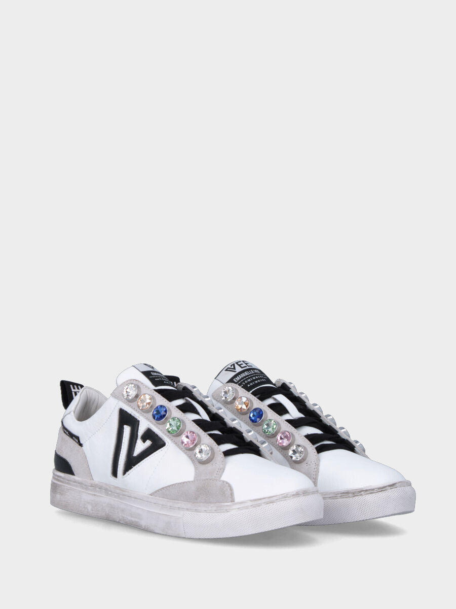 Sneaker multicolor in pelle con bottoni con cristalli