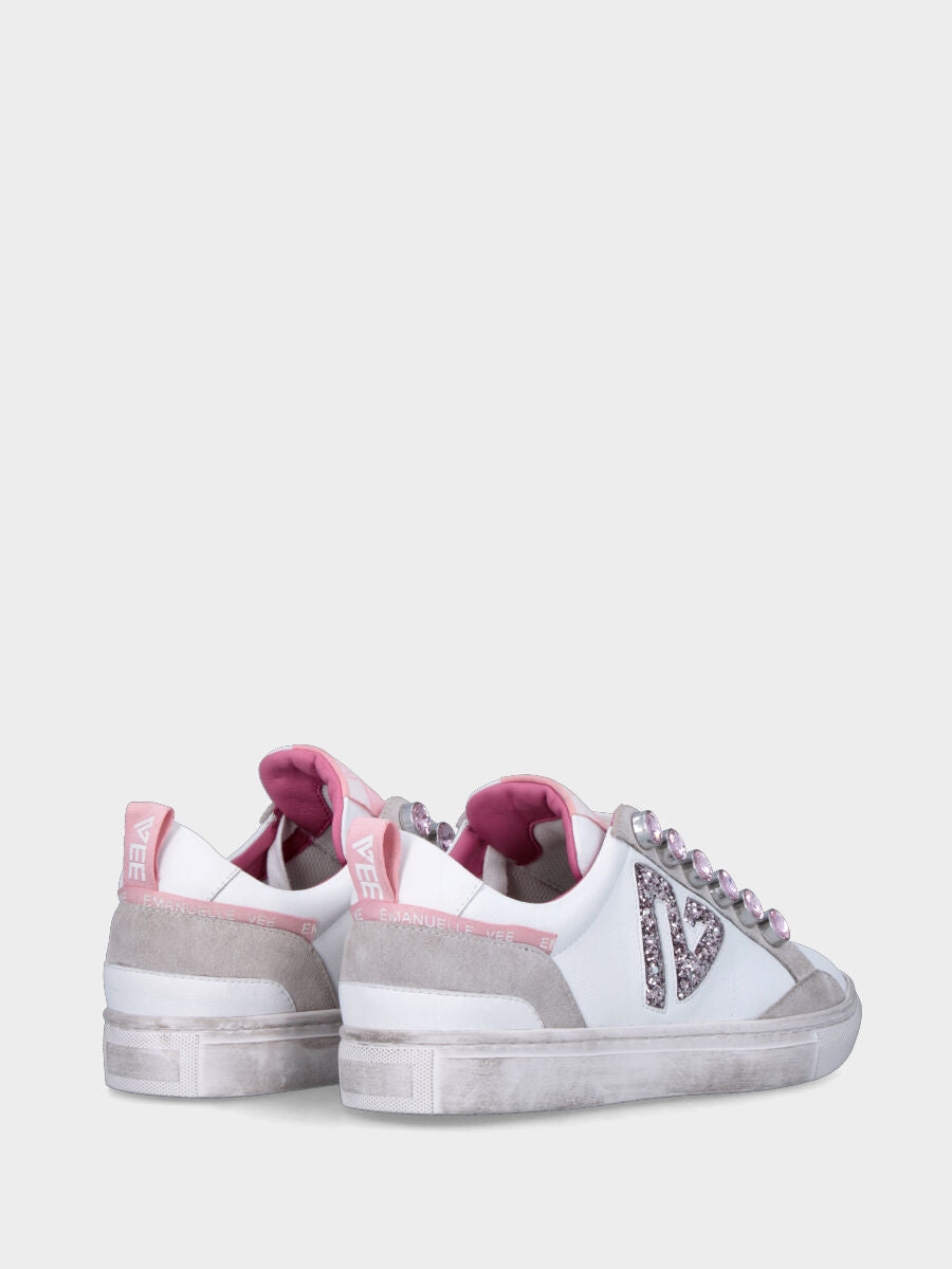 Sneaker rosa in pelle con cristalli