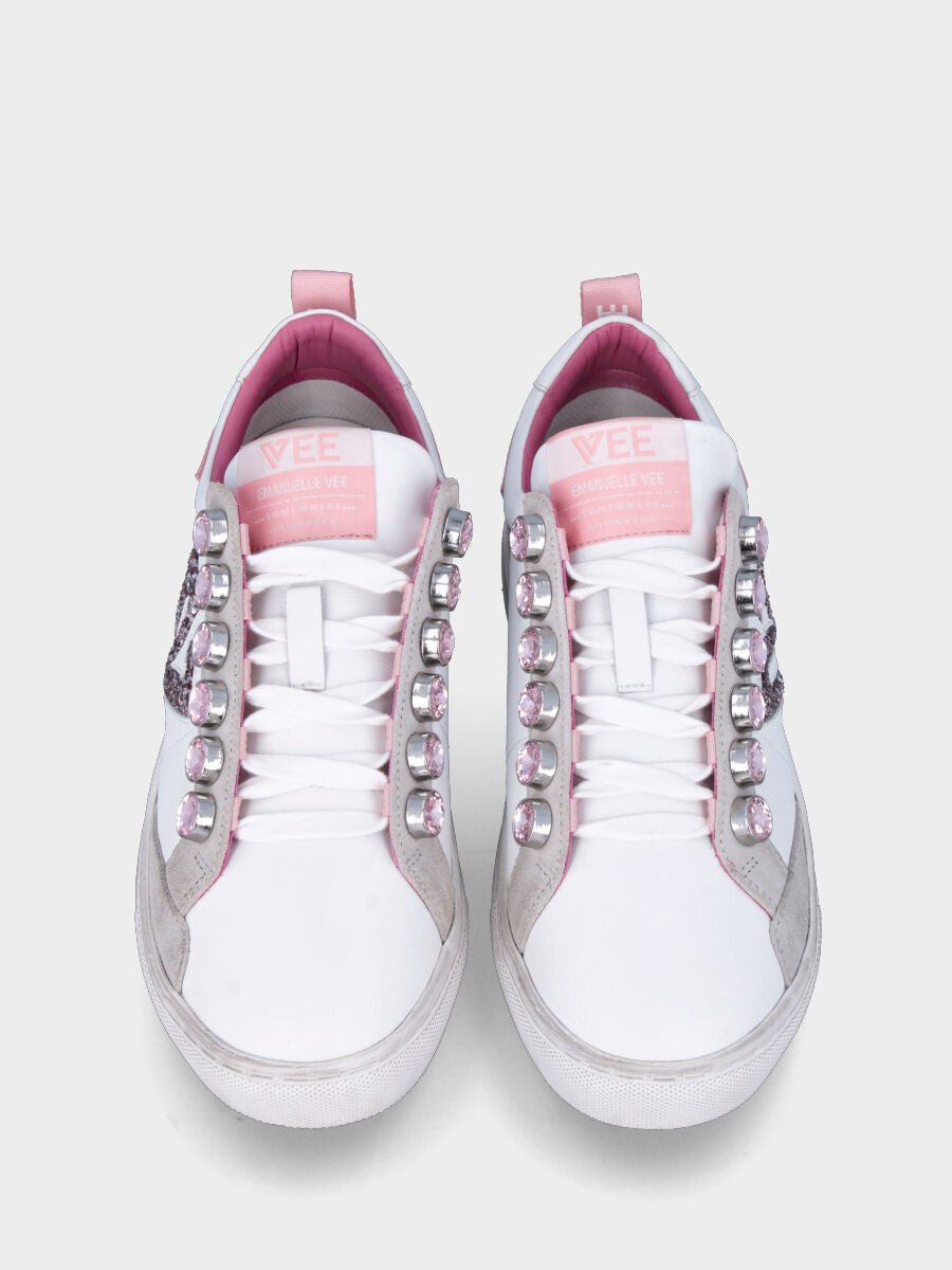 Sneaker rosa in pelle con cristalli