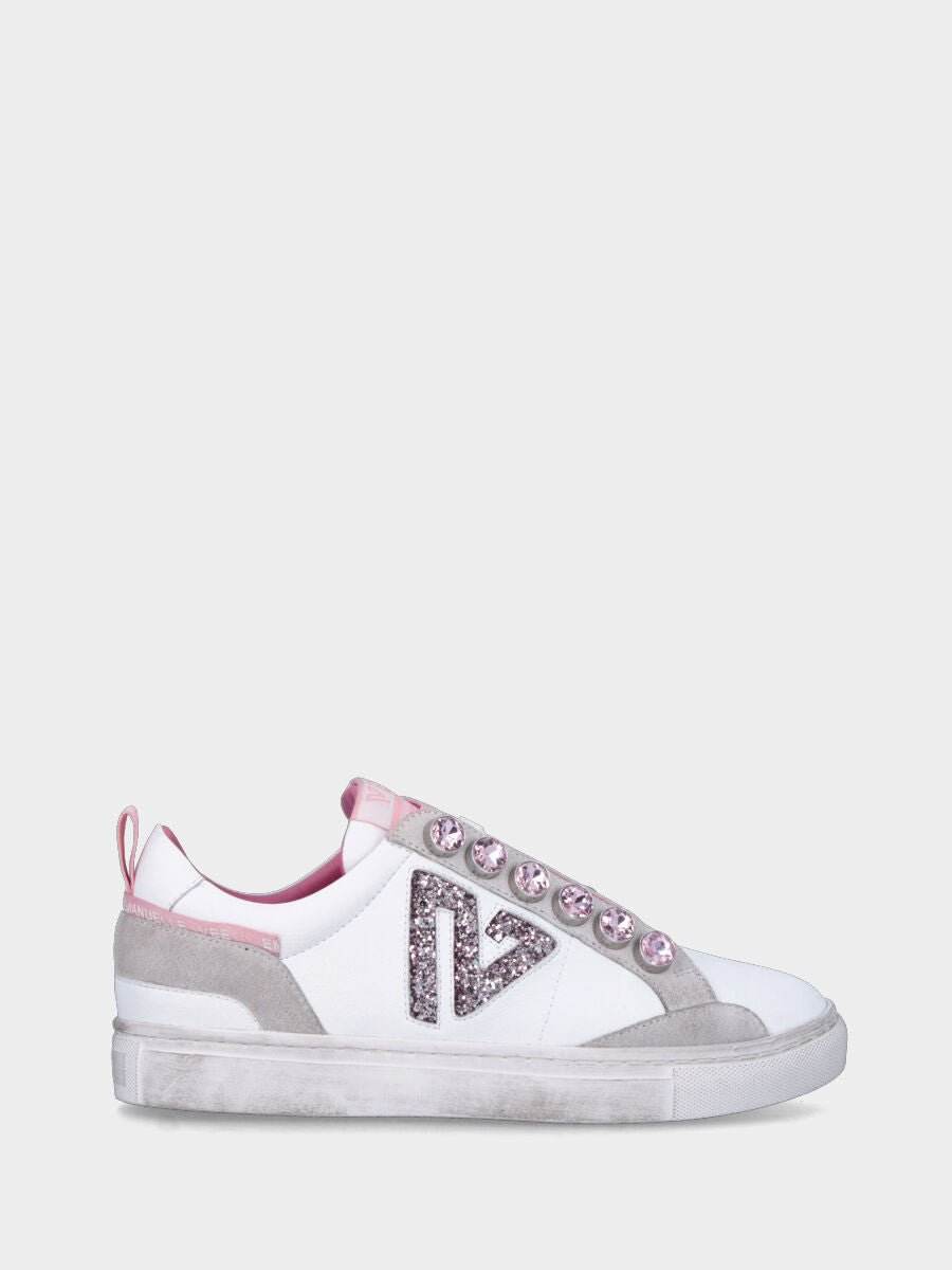 Sneaker rosa in pelle con cristalli