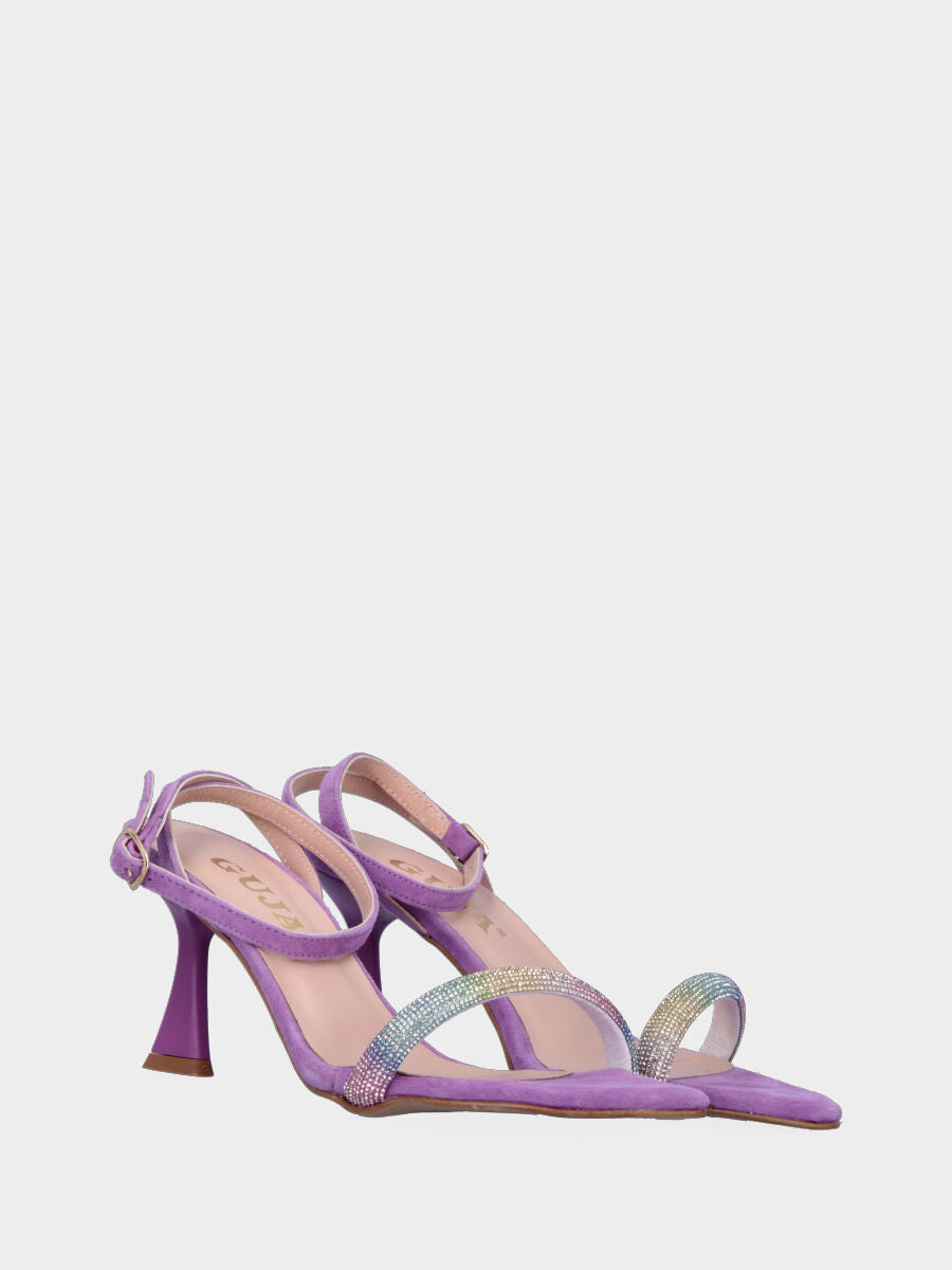 Sandale lilas en cuir avec bride de cristaux arc-en-ciel