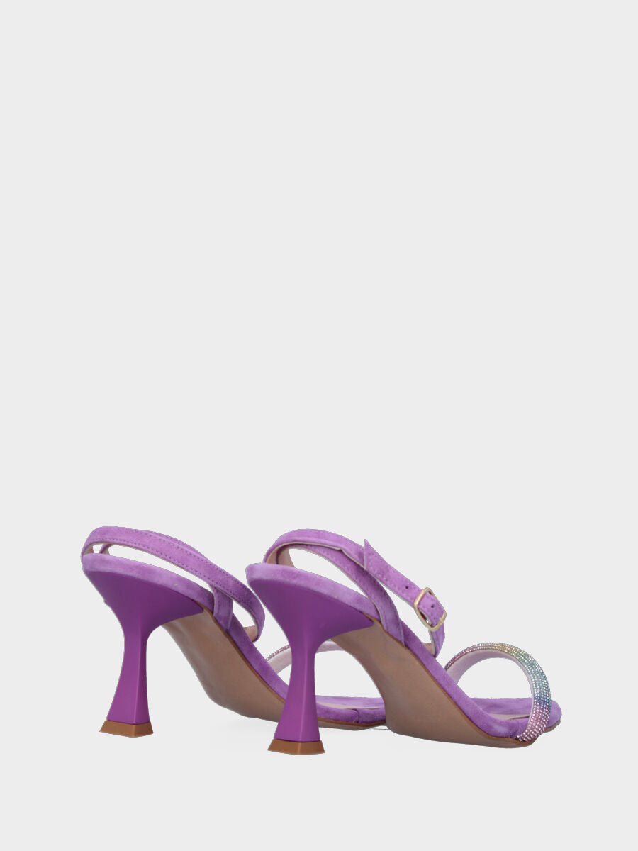 Sandale lilas en cuir avec bride de cristaux arc-en-ciel