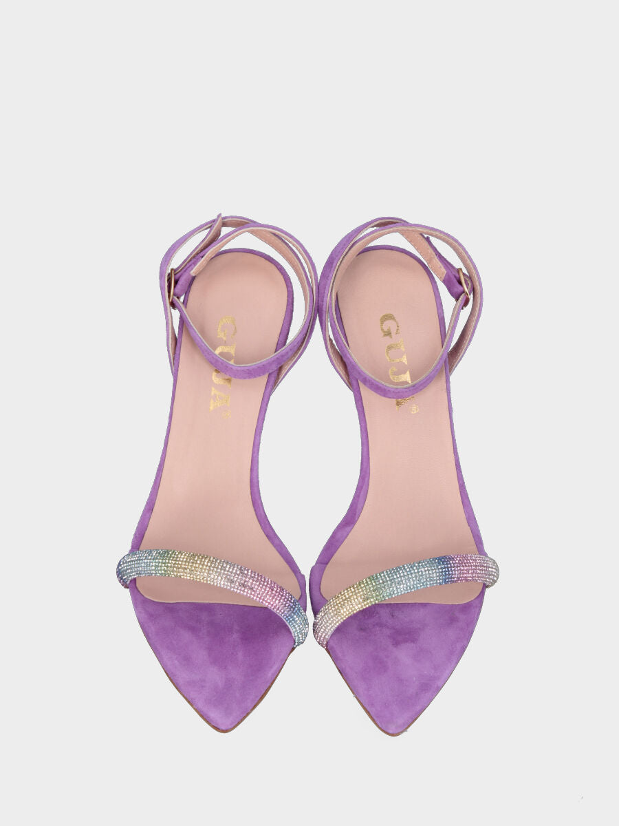 Sandale lilas en cuir avec bride de cristaux arc-en-ciel