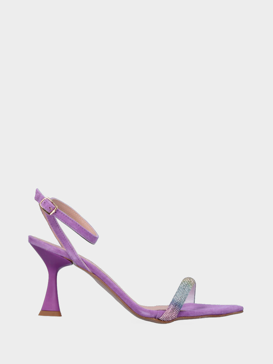 Sandale lilas en cuir avec bride de cristaux arc-en-ciel