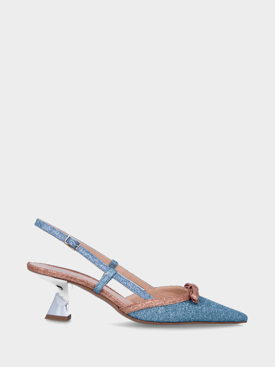 Décolleté slingback azzurra in glitter con tacco a specchio