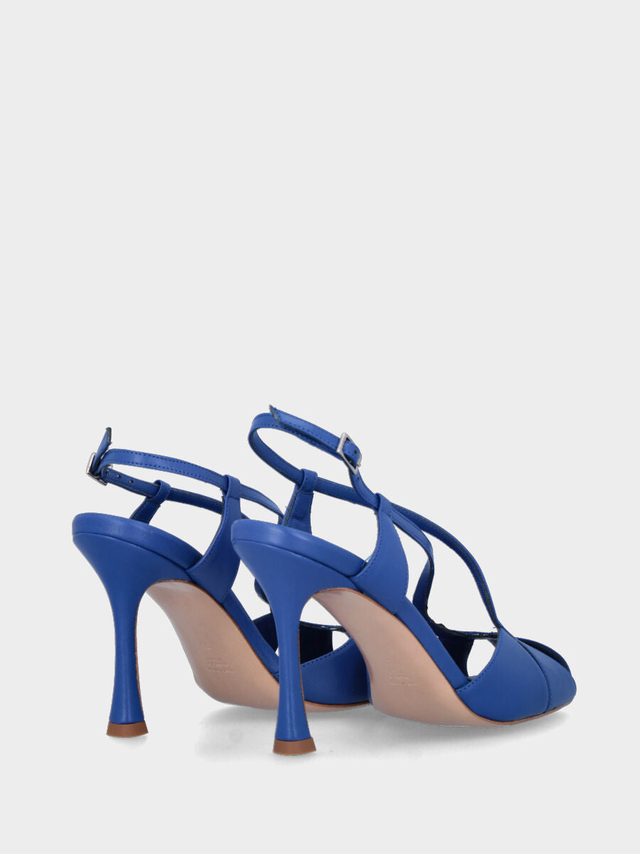 Sandalo blu in pelle con fasce geometriche