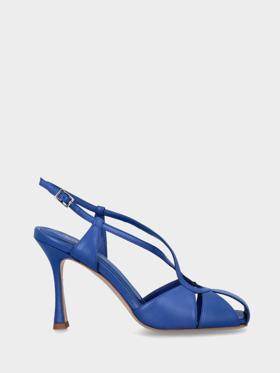 Sandalo blu in pelle con fasce geometriche