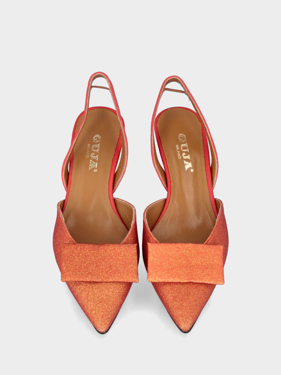 Escarpins slingback orange en paillettes avec plaque rectangulaire