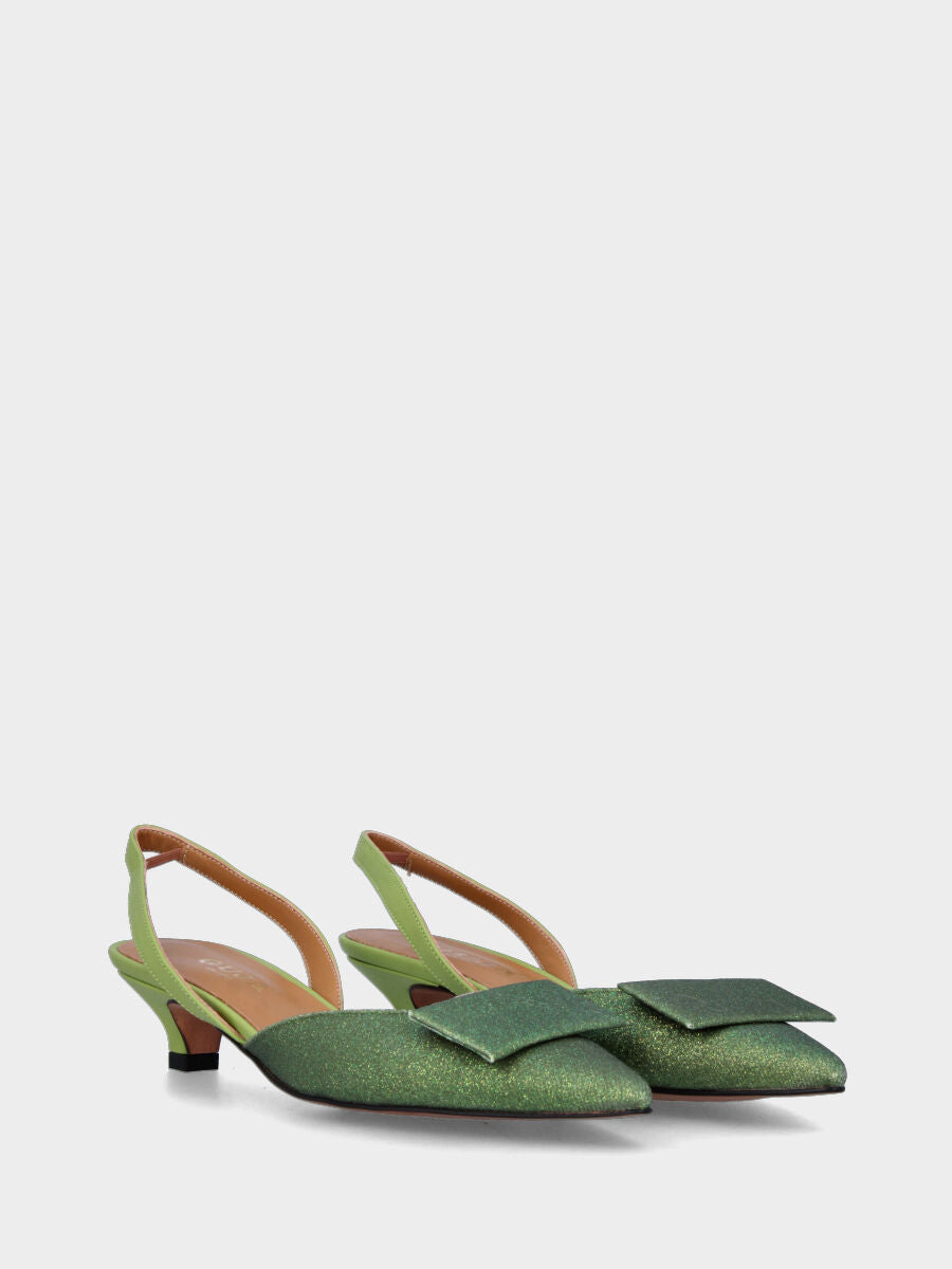 Green glitter slingback pumps with rectangular plaque