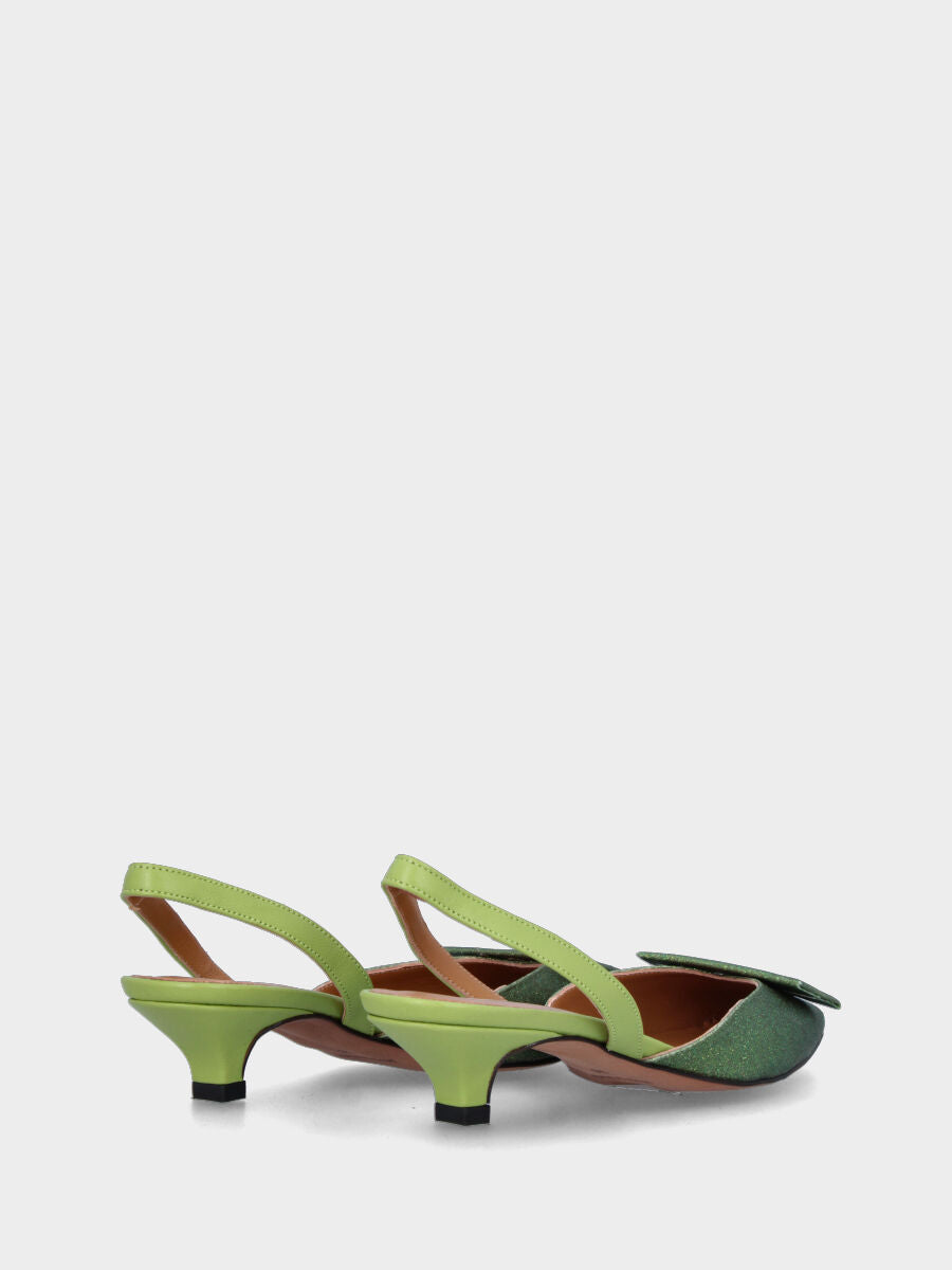 Green glitter slingback pumps with rectangular plaque