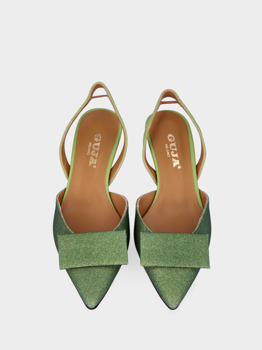 Green glitter slingback pumps with rectangular plaque