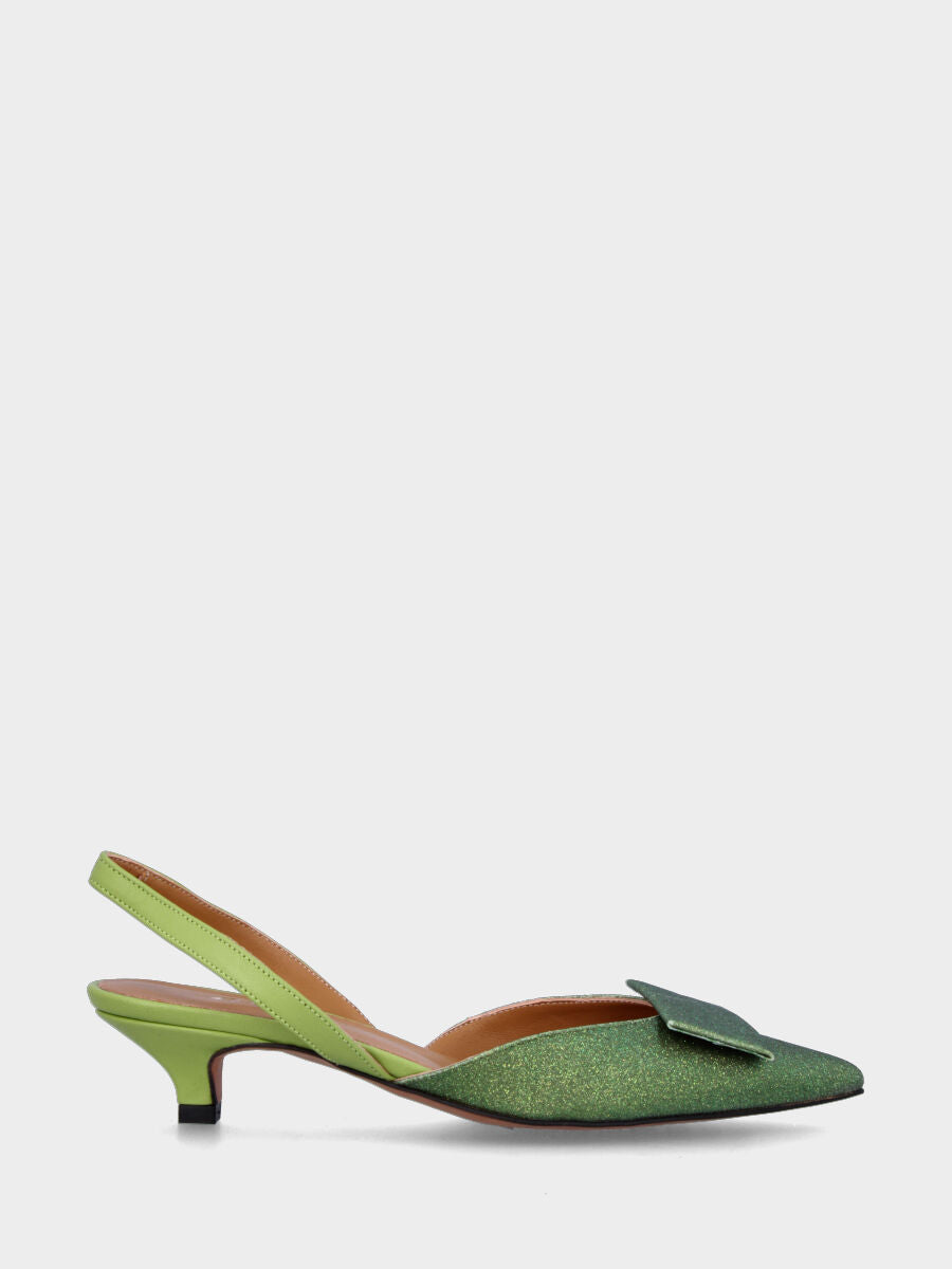 Green glitter slingback pumps with rectangular plaque