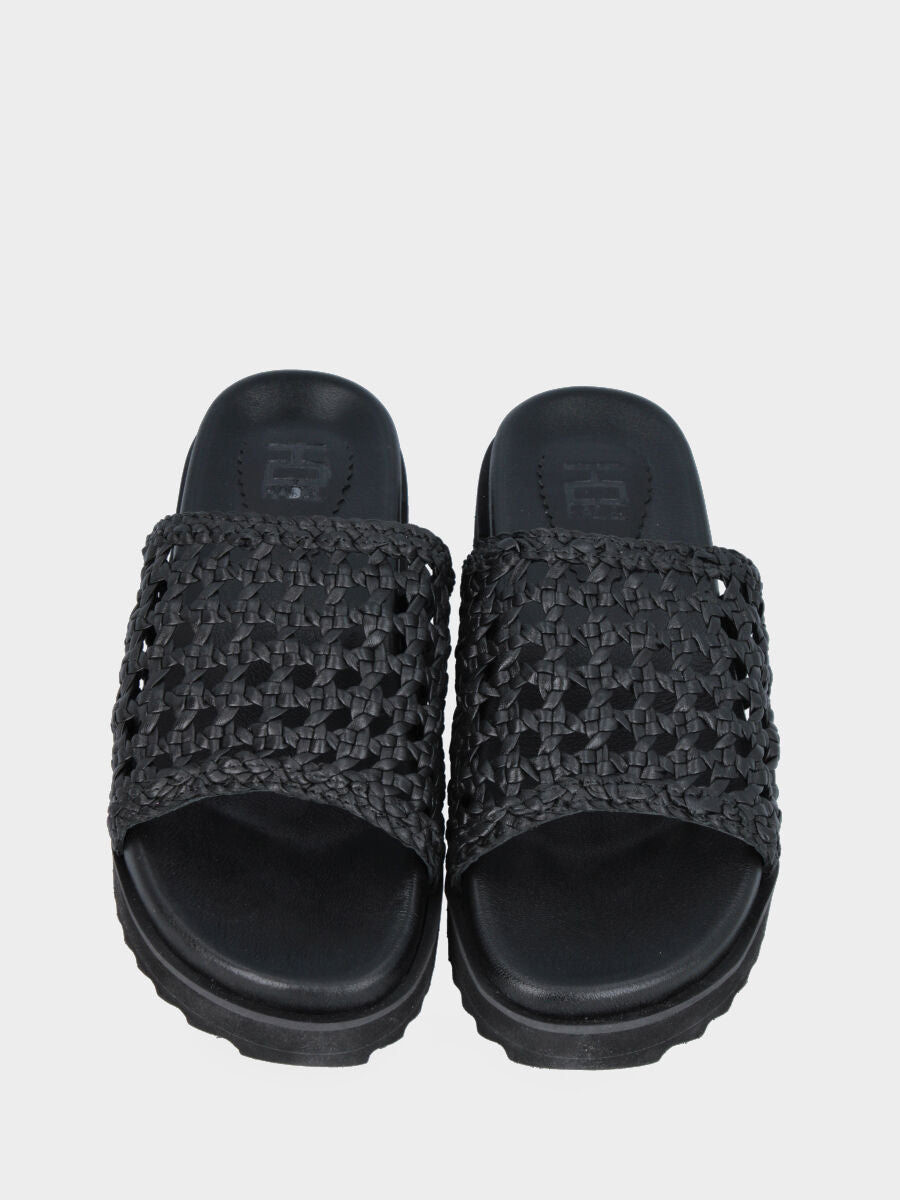 Black leather slipper with braided band