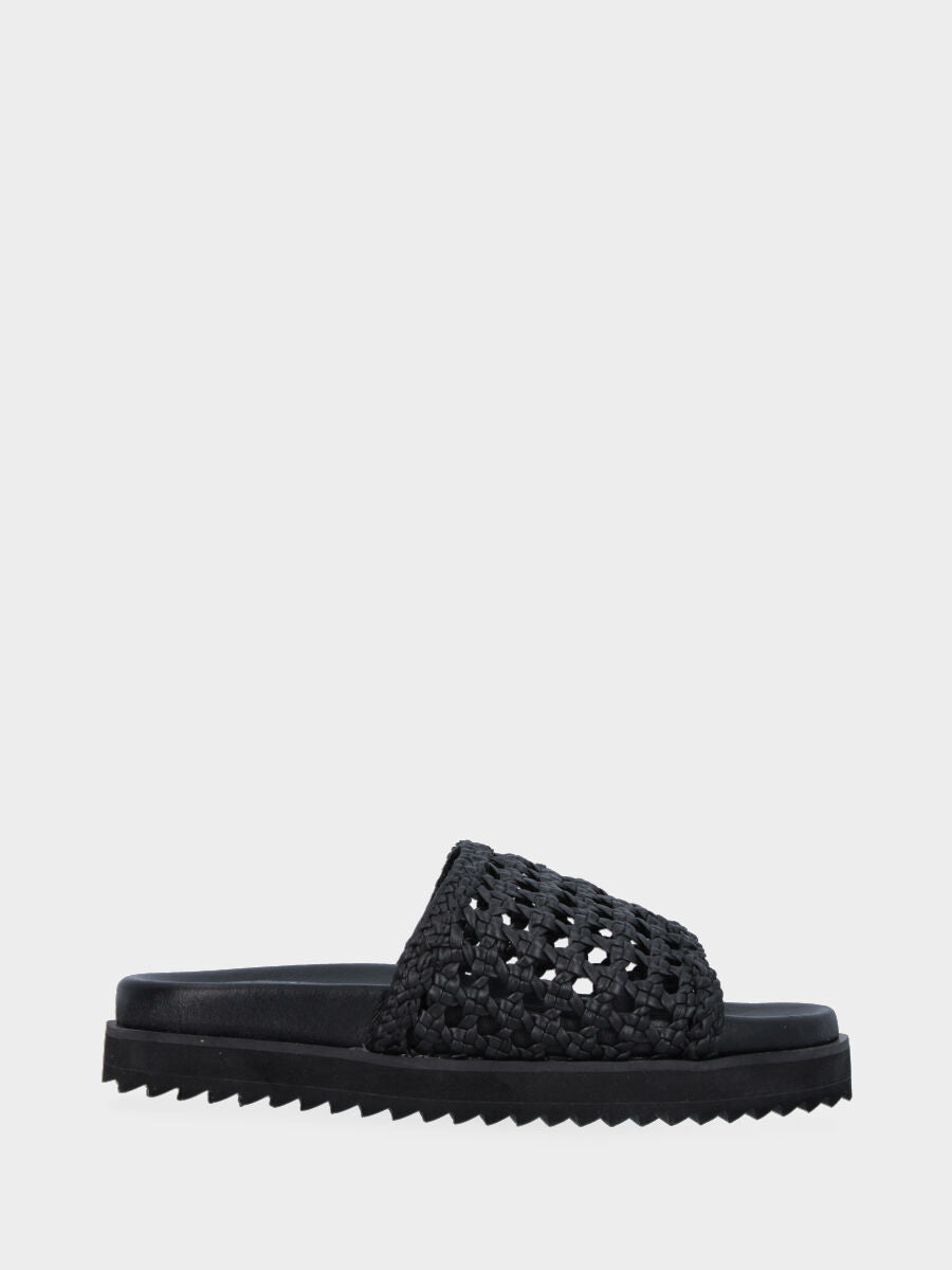 Black leather slipper with braided band