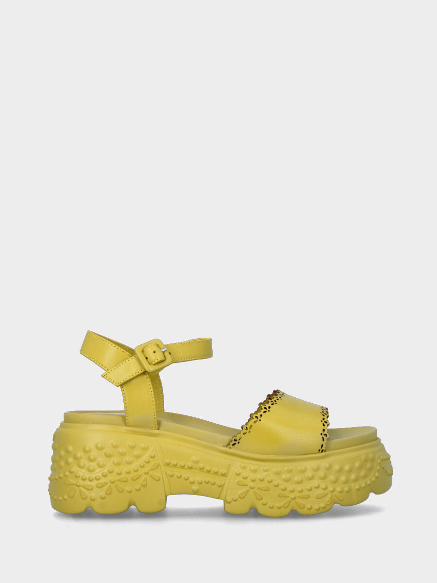 Green acid leather sandal on wedge with decorations