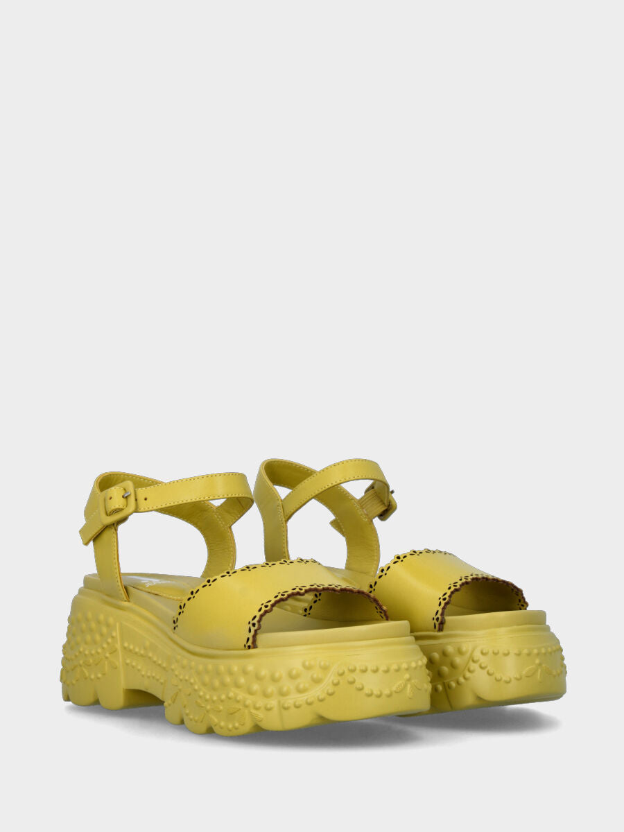 Green acid leather sandal on wedge with decorations