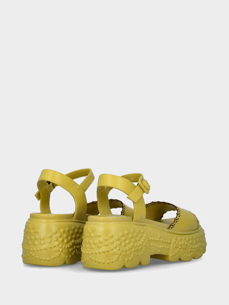 Green acid leather sandal on wedge with decorations