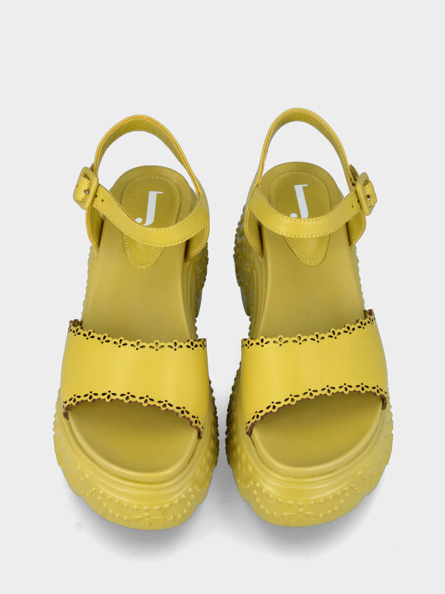 Green acid leather sandal on wedge with decorations