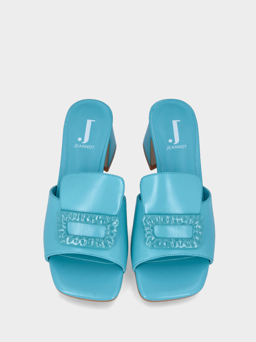 Blue leather slipper with rectangular button