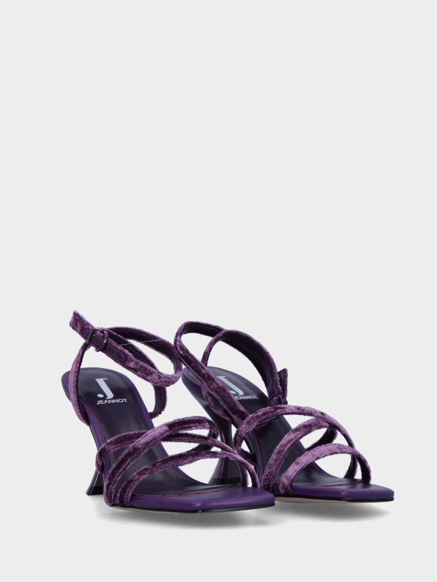 Sandalo con tacco viola con listini in velluto