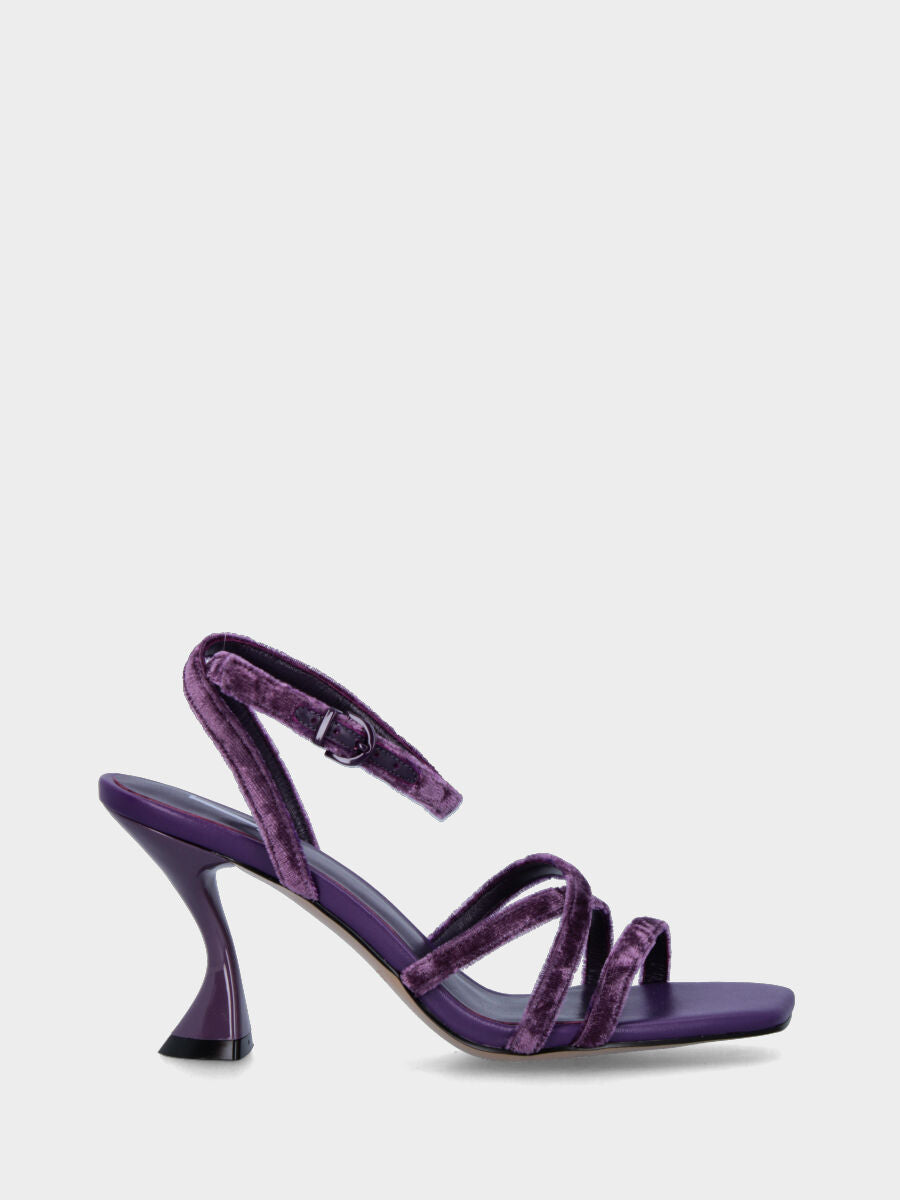 Sandalo con tacco viola con listini in velluto