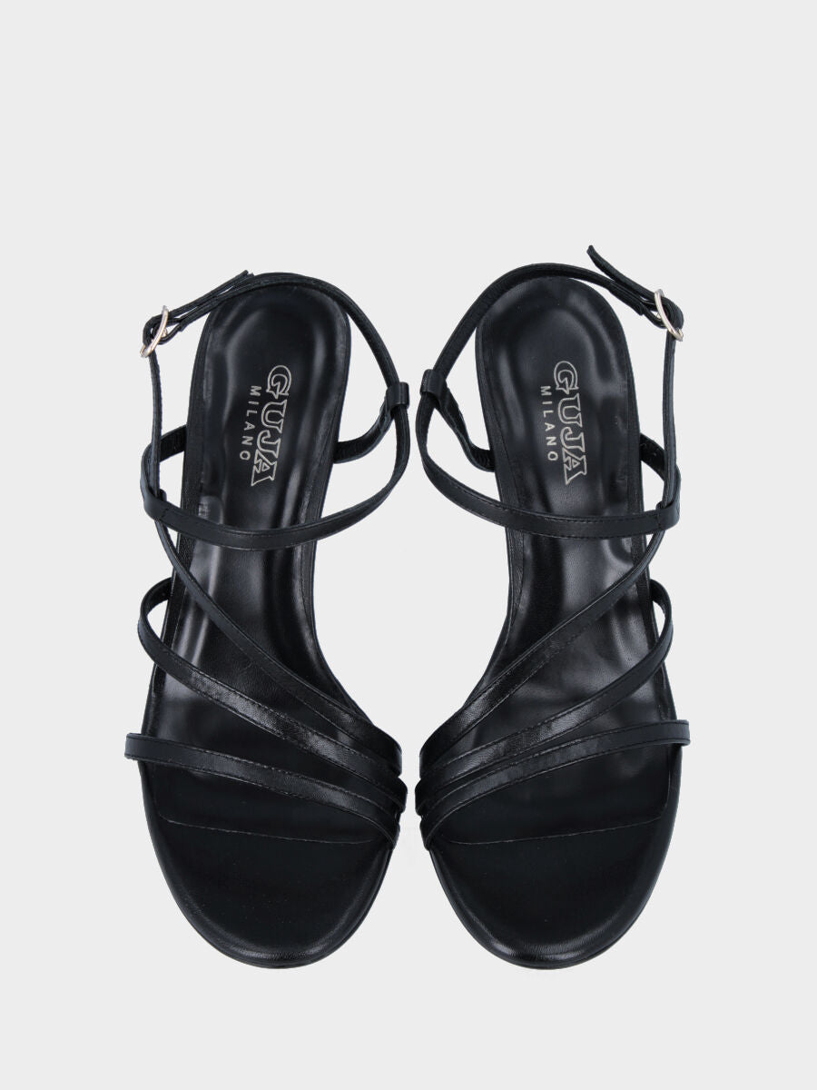 Sandalo nero in pelle con listini e tacco a stiletto