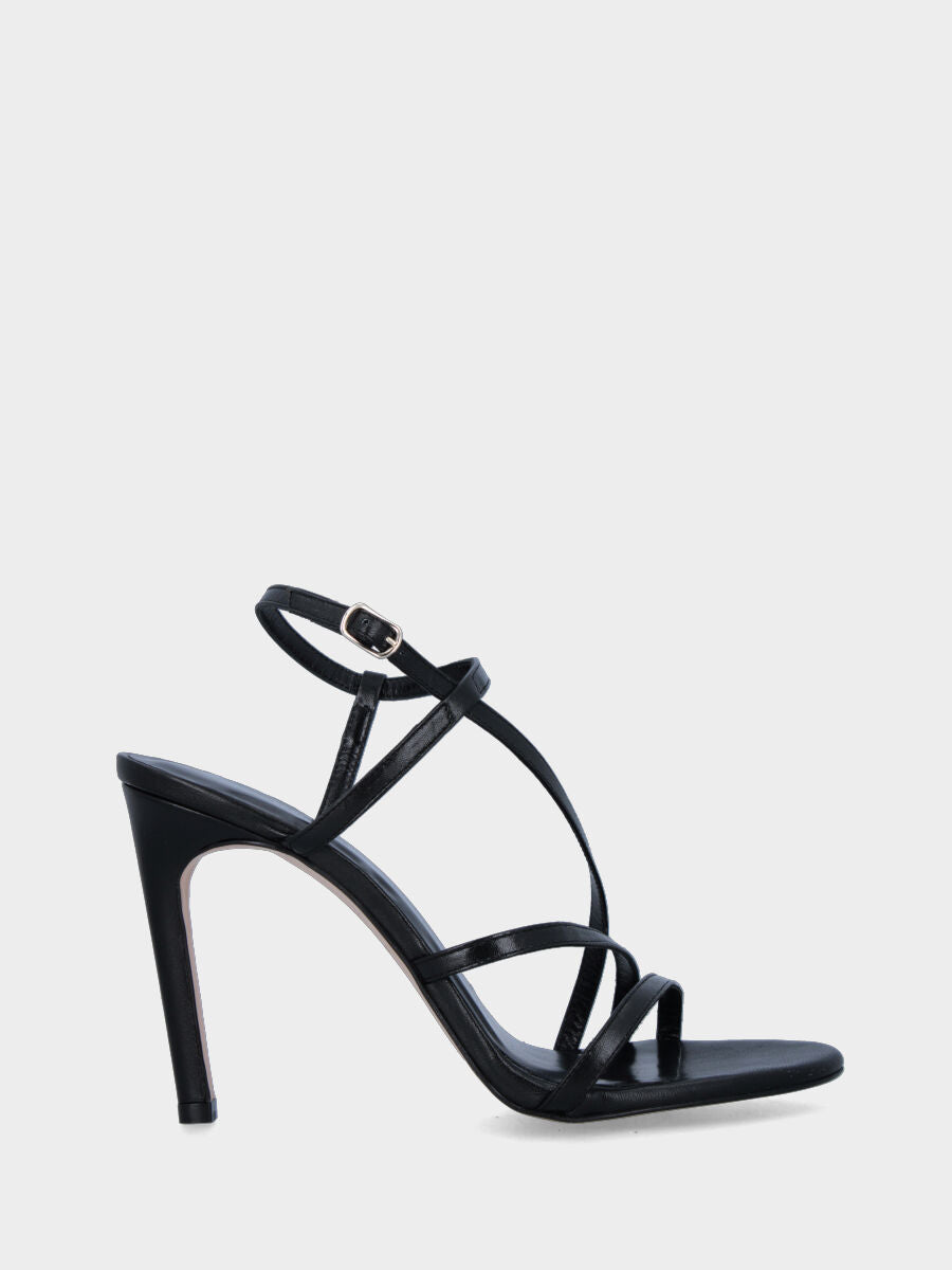 Sandalo nero in pelle con listini e tacco a stiletto
