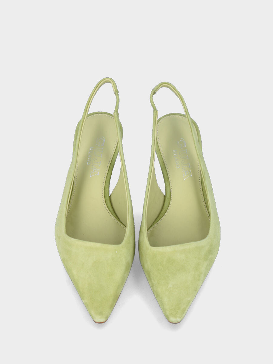 Décolleté slingback verde acid in pelle con scollo quadrato